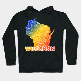 Colorful mandala art map of Wisconsin with text in blue, yellow, and red Hoodie